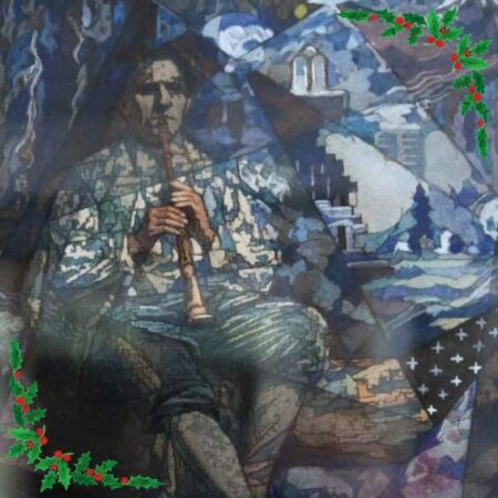 14 cm sq Christmas Card "The Old Piper" pack of 8